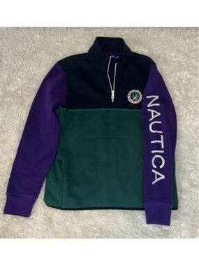 Nautica Men’s Small Blue Sail Spell Out Sleeve Purple Green Color Block Pullover